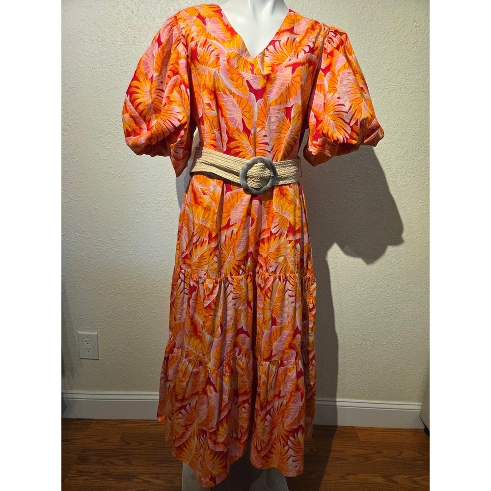 Gibson Latimer Orange Tropical Palm Print Cotton Puff Sleeve Belted Mid Dress XL